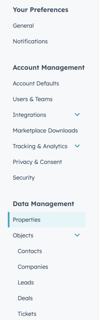 screenshot of data management in hubspot